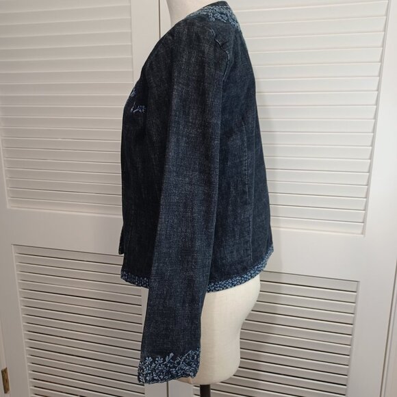 Chicos Denim Jacket Embroidered Blue Jean Open Front Womens Medium - Picture 9 of 12
